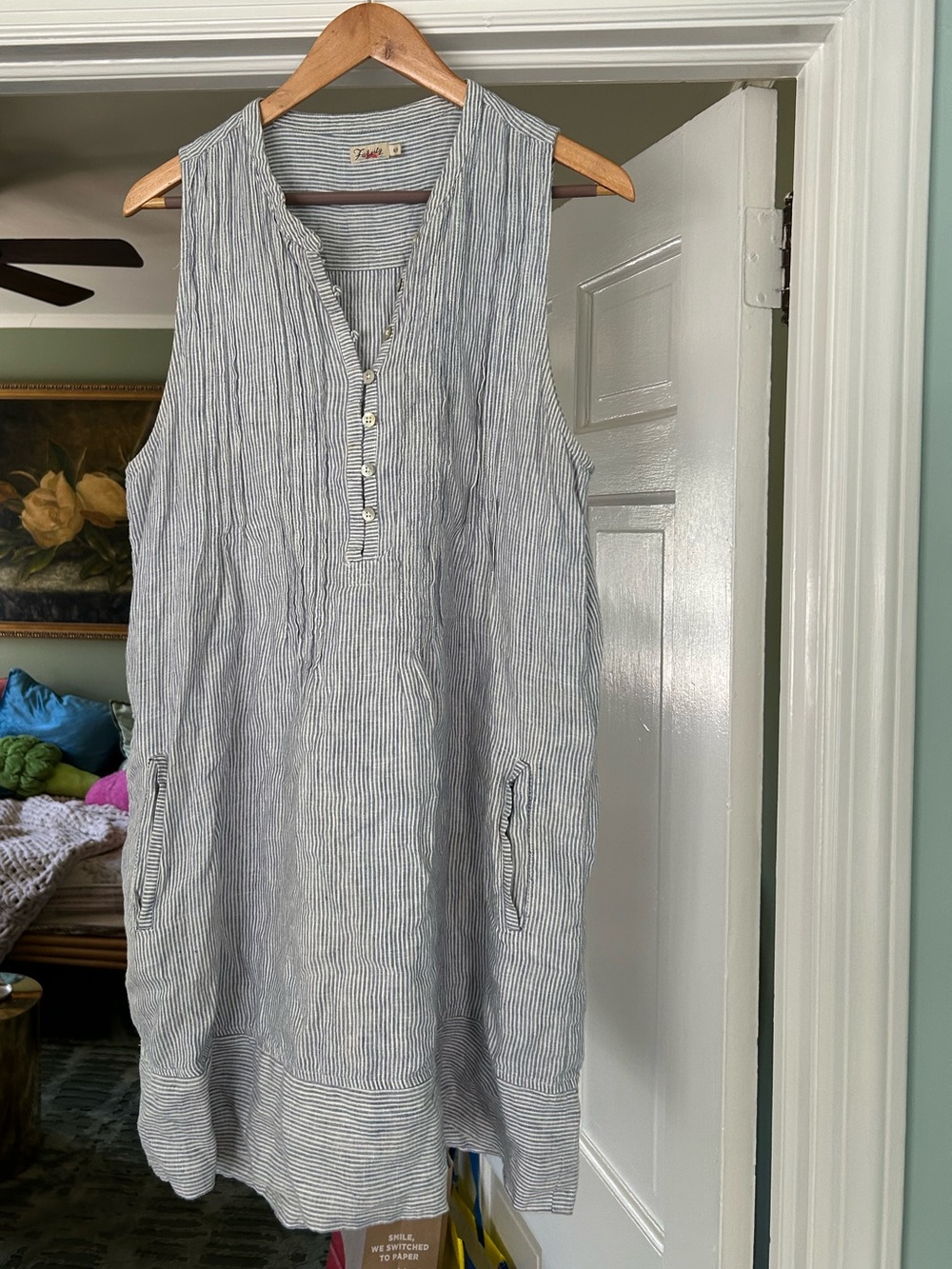Faherty medium Sleeveless Blue-White Striped Linen Tunic Dress